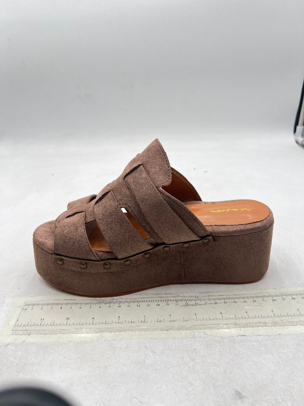XYD Tan Women's Studded Platform Sandal High Heels Wedge Open Toe Slip On Mules